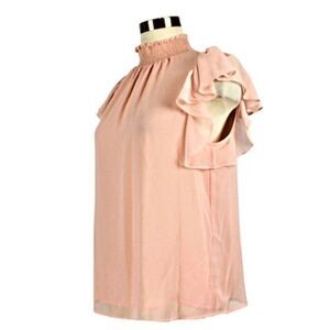 Top High Collar Ruffled Short Flutter Sleeves Keyhole Button Closure Pink Medium